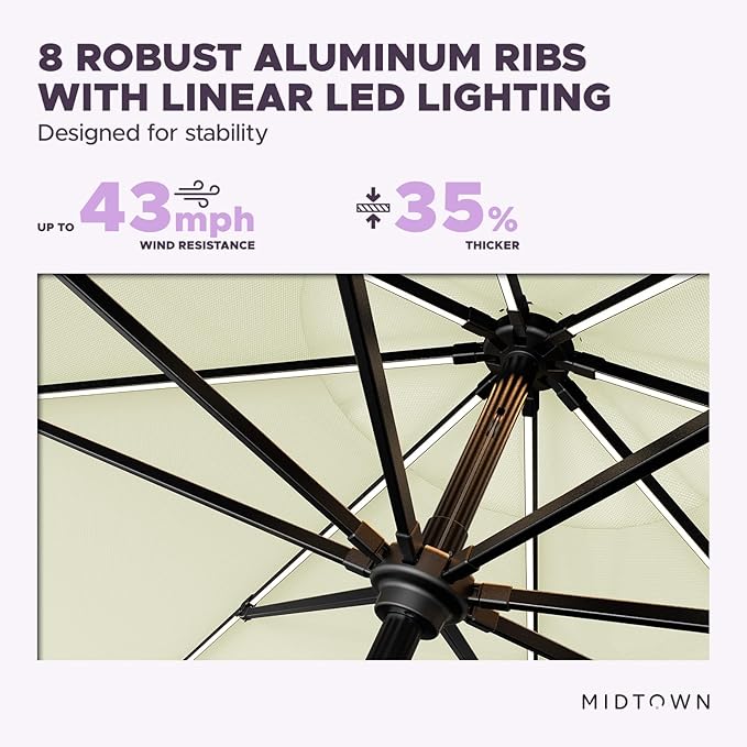 Midtown Umbrellas Led Swilt Sunbrella Umbrella 9 Ft Patio Umbrella With Sunbrella Canvas Natural Acrylic Fabric - Deck Patio Umbrella, Backyard Umbrella, Garden Umbrella & Pool Umbrella - Black Pole