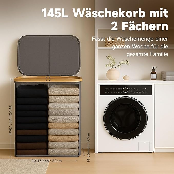 145L Double Laundry Basket with Lid, 2 Section Dirty Clothes Hamper with 2 Removable Bags for Bedroom, Bathroom, Dorm, Gray