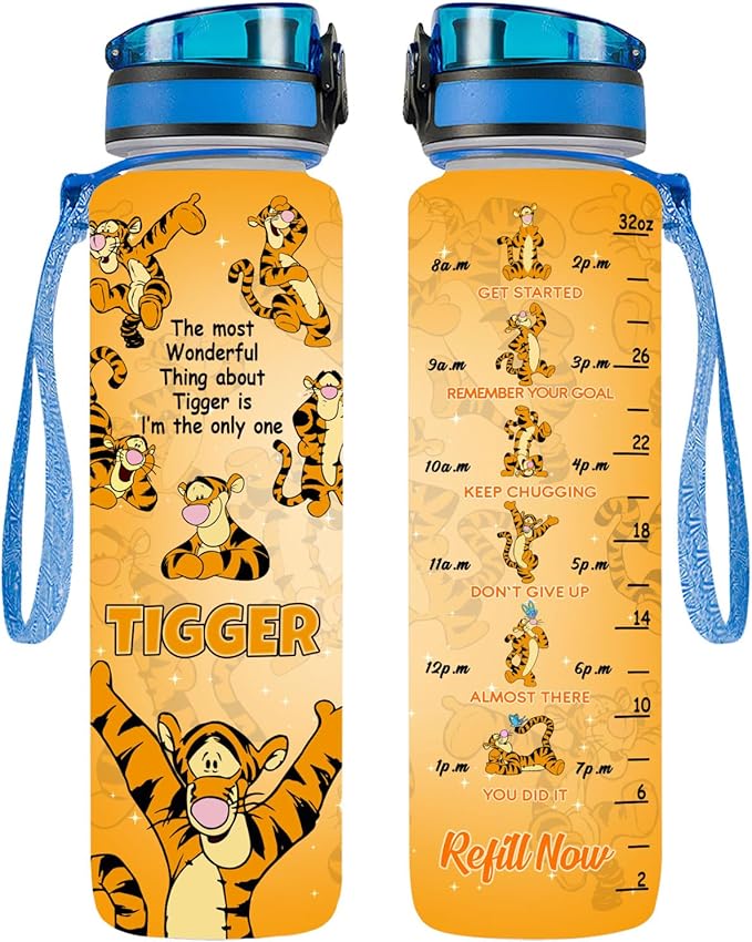 Orange Tiger 32 Oz Insulated Water Track Bottle, Orange Cartoon Character Water Bottle With Time Marker, Motivational Gifts For Cartoon Lovers