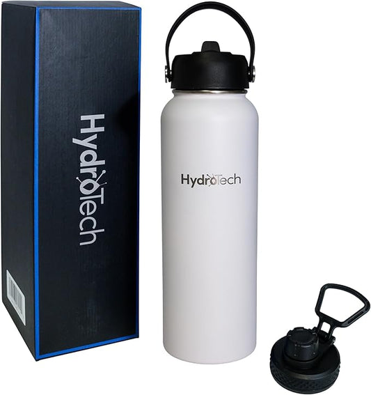 HydroTech Stainless Steel Leak Proof Water Bottle with Double Wall Insulation and 2 Lids (Straw Lid) - 40 OZ. (White)