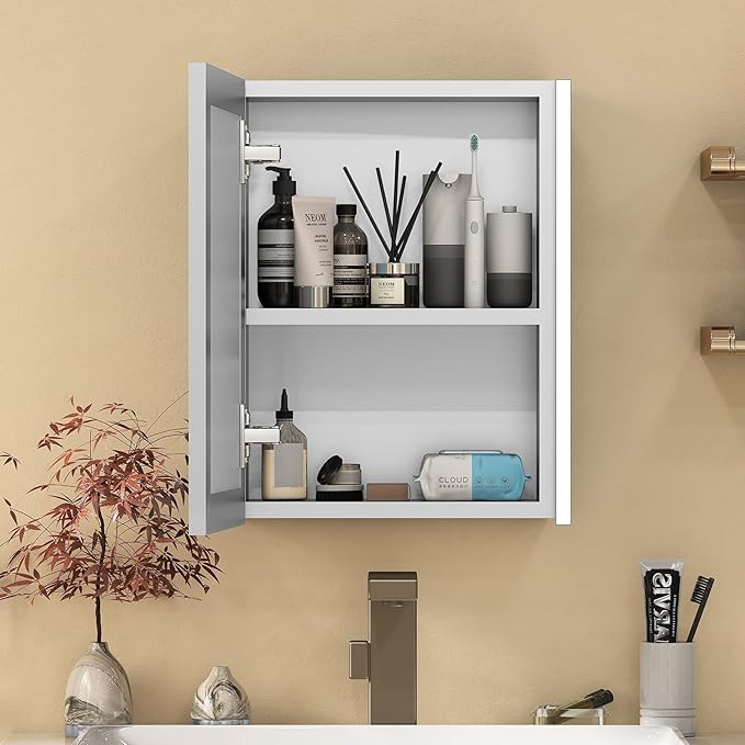 20x26 Inch Medicine Cabinet with LED Light Mirror, Brightneess Adjustable and Full-Assembled Bathroom Aluminum Cabinet with Storage, Surface or Recessed Tempered Cabinet, Farmhouse Sliver