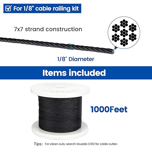 Muzata 1000 ft 1/8" Black Stainless Steel Cable Railing System Hardware T316 Stainless Steel Wire Rope 7x7 Strands 1800 lb Breaking Strength Black Cable Railing Kit for Indoor Outdoor WR19