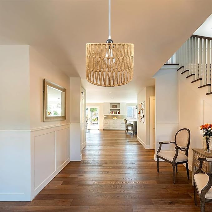 Hanging Lamp Plug in Rattan Hanging Lights with Plug in Cord, Woven Pendant Light with Smart RGB Bulb and Remote Control for Bedroom Living Room Farmhouse Kitchen (‎‎Rattan, Barrel Shade)