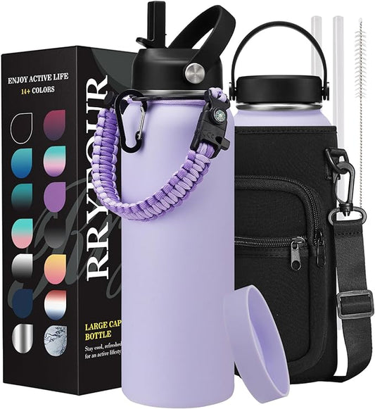 Insulated Water Bottle 40 oz - with Straw & Spout Lids, 40OZ Stainless Steel Water Flask with Paracord Handle, Storage Sleeve & Cup Boot, Leak Proof & Keep Cold-48H & Hot-12H Metal Water Jug, Purple