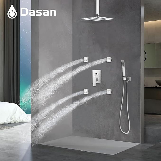 Polished Chrome Shower System with 4 PCS Shower Body Spray Jets & 12’’ Ceiling Shower Head & Handheld Spray, DASAN Full Body Shower Faucet System with Jets Rainfall Shower Combo Set, SA-SS03BCH-S12C