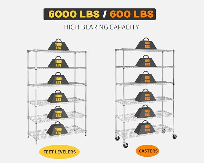 BestOffice | 6-Tier Wire Storage Shelves with Wheels | 18x48x77 | Chrome | Adjustable Racks | Heavy-Duty Metal Shelf, Holds Upto 600 lbs | No-Tool Assembly | Ideal for Home & Garage Shelving