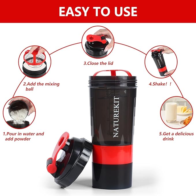 Shaker Bottle,Protein Shaker with Powder Storage Container 18oz, Leak Proof, Gym Bottle Portable Pre Workout for Mix & Drink Shakes & Smoothies,Dishwasher Safe,BPA Free,Red