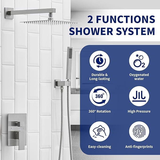 BWE 12 Inch Square Shower Head System 2-Functions Bathroom Luxury Rain Mixer Shower Combo Set Wall Mounted Rainfall Brushed Nickel Shower Faucet Rough-in Valve Body and Trim Included