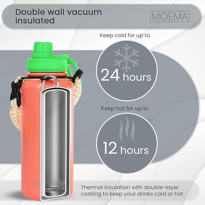 32oz Insulated Water Bottle with Paracord Handle and Straw, Stainless Steel Cup with 2 Lids & Straw, BPA-Free, Thermo Bottle Double Wall Vacuum Insulation, for Gym, Sports (Coral Orange)