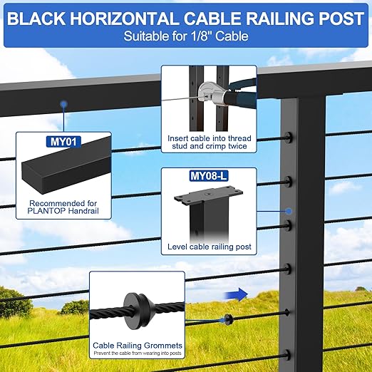 4-12ft Complete Set 36" Cable Railing Post Kits, Stainless Steel Black Level Drilled Line Posts(35"x2"x2")4 Pack, 1/8" Wire Rope with Cutter(No Handrail), Swageless Deck Cable Railing, MY07-LP