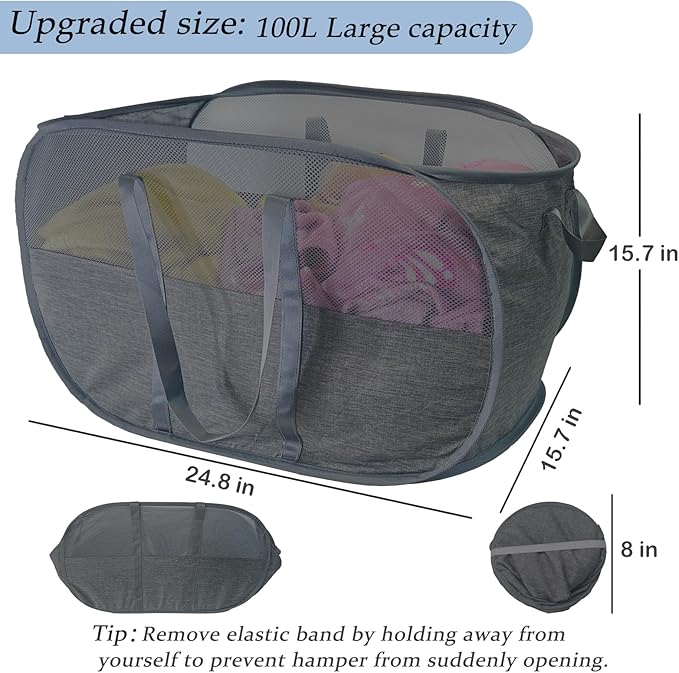 Extra Large Mesh Pop Up Laundry Hamper 2 Pack,100L Collapsible Laundry Baskets, Dirty Clothes Hamper with Reinforced Handles, Folding Hampers for Travel, Nursery, Dorm or Home. Black