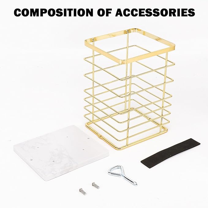 Square Kitchen Utensil Holder, Sturdy Metal Rack for Countertop Storage, Cooking Tools Organizer with Drainage Hole, Stylish Utensil Caddy for Effortless Kitchen Organization, with Marble Base