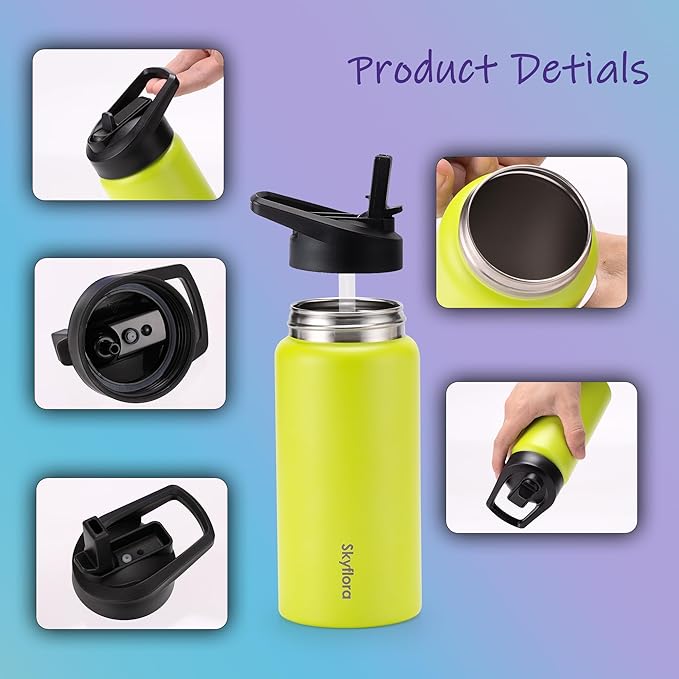 Kids Water Bottle with Straw 2 Pack, 16oz Water Bottles Bulk, Single Wall 18/8 Stainless Steel, Dishwasher Safe & Leakproof, Reusable Gift for Girls Boys to School Sports Travel Camping, White & Lemon