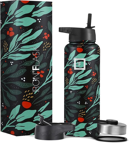 IRON °FLASK Sports Water Bottle - Wide Mouth with 3 Lids (Straw Lid) - Stainless Steel Gym & Outdoor Bottles for Men, Women & Kids - Double Walled, Insulated Thermos, Metal Canteen - Lush Leaf, 40 Oz