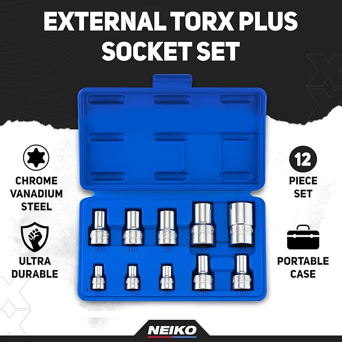 Neiko 02473A External Torx Plus Socket Set,10 Piece | 1/4-Inch EP6 - EP8, 3/8-Inch EP10 - EP16, 1/2-Inch Square Drive EP18 and EP24 | CR-V Steel