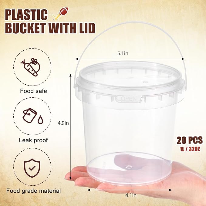 PerKoop 20 Pcs 32 oz Football Ice Cream Buckets with Lids and Handles Clear Cocktail Rum Buckets with 196 Stickers Plastic Transparent Tub Reusable Food Storage Containers for Parties