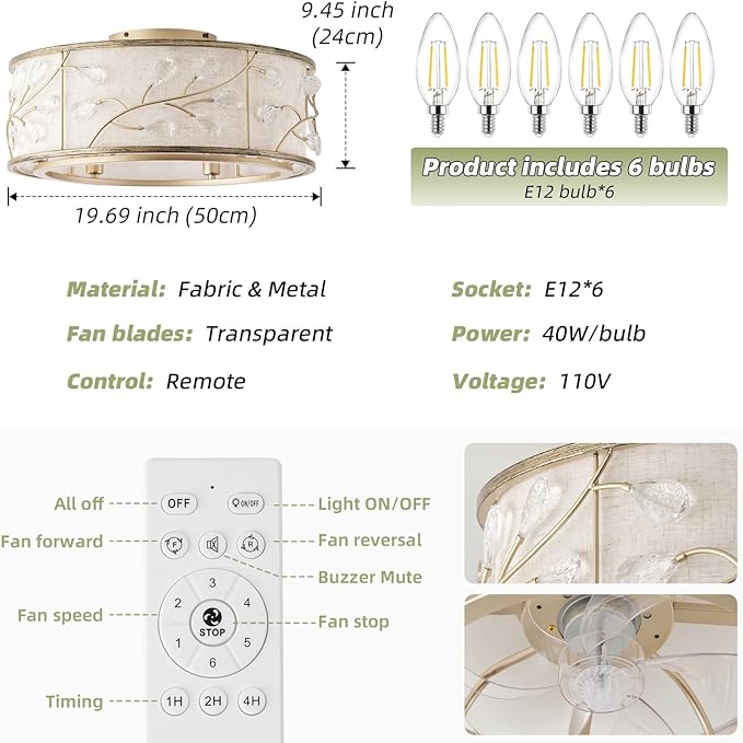 20 Inch Gold Crystal Ceiling Fan with Light, Caged Crystal Ceiling Fan with Light Remote Control, Flush Mount with 6 Speeds for Bedroom, Nursery, Living Room (6 E12 Bulb Includ) (Gold)