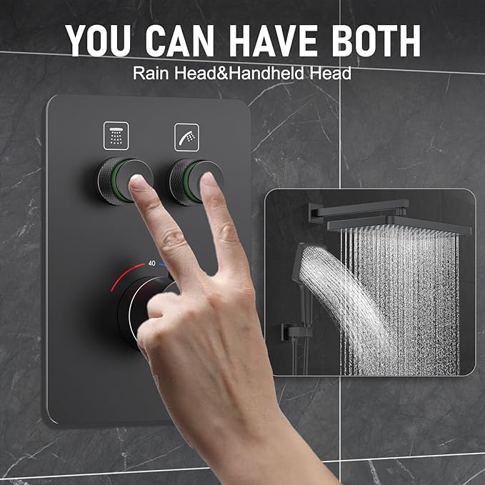 Thermostatic Shower System 13-Inch Rainfall Shower Head - 3 Setting Handheld Sprayer, Complete Bathroom Set with Faucet Mixer Trim Kit & Valve Matte Black