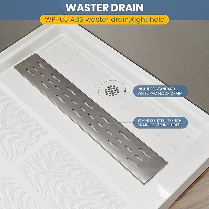 Shower Base Pan in White Right Linear Drainer, Rectangular Shower Base 60"×36"×4" with Non-Slip Floor Panel and Stainless Steel Shower Drain Cover