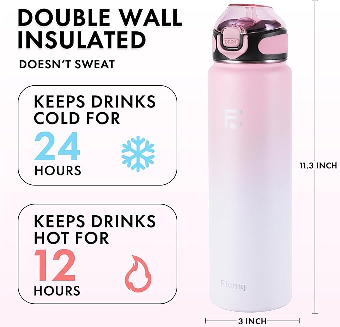 32 oz Insulated Water Bottle with Straw, Stainless Steel Metal Thermos Bottles, Durable Non-Slip Gradient Bottle with Strap for Sports and Travel, Leak Proof (Pink White)