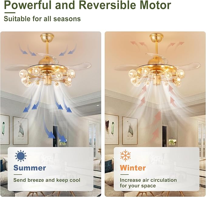 42" Chandelier Ceiling Fans with Lights: 12-Light Sputnik Ceiling Fan Crystal Chandeliers - Modern Retractable Fandelier Ceiling Fan for Bedroom Living Room - Gold Fandelier with Lights