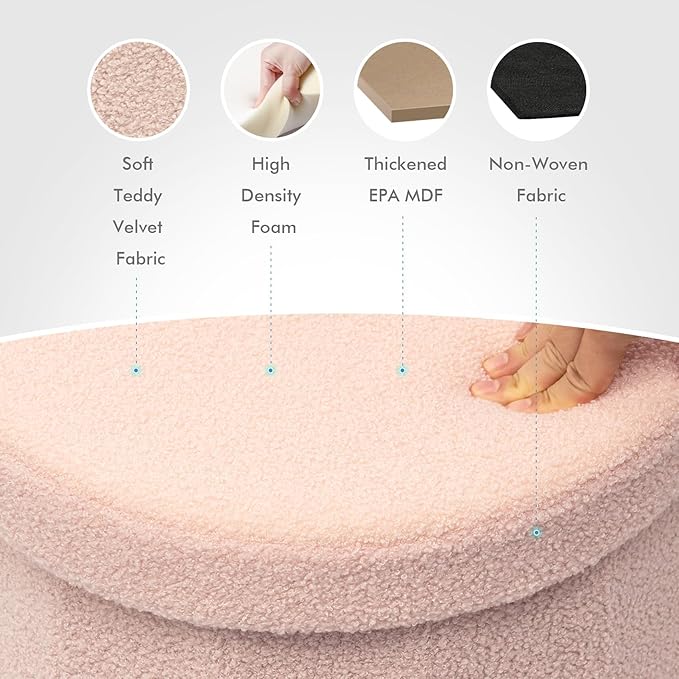 B FSOBEIIALEO Storage Ottoman Cube, Round Ottomans with Storage Foot Stool Footrest for Lving Room, Boucle Ottoman Seat for Dorm Room,Faux Teddy Fur, Pink 15"x15"x15"