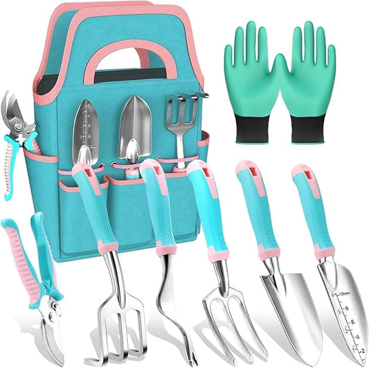 MelonArt Garden Tool Set,8 Pcs Gardening Hand Tool Starter Kit for Women Heavy Duty Outdoor Tool Kit Aluminum Alloy with Non Slip Ergonomic Handle, Ideal Gifts for Women and Men, Green&Pink