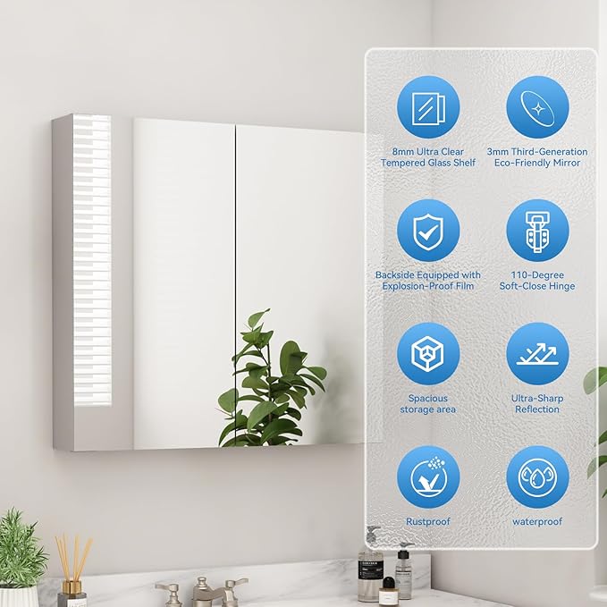 Sunrosa Aluminum Bathroom Medicine Cabinet with Mirror Door, 30"×27.5" Bathroom Mirror Cabinet,Wall-mountable and Recessed-in Mirror Cabinet, 2 Door Medicine Cabinet Organizer with Mirror