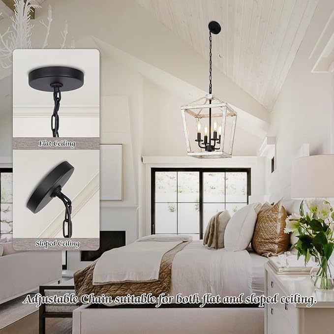 4 Light Rustic Chandelier, Farmhouse Lantern Fixture with Brushed White Oak Cage and Adjustable Chain, E12 Base Geometric Hanging Light Fixture Ceiling lighting for Entryway Kitchen Island, Indoor Use