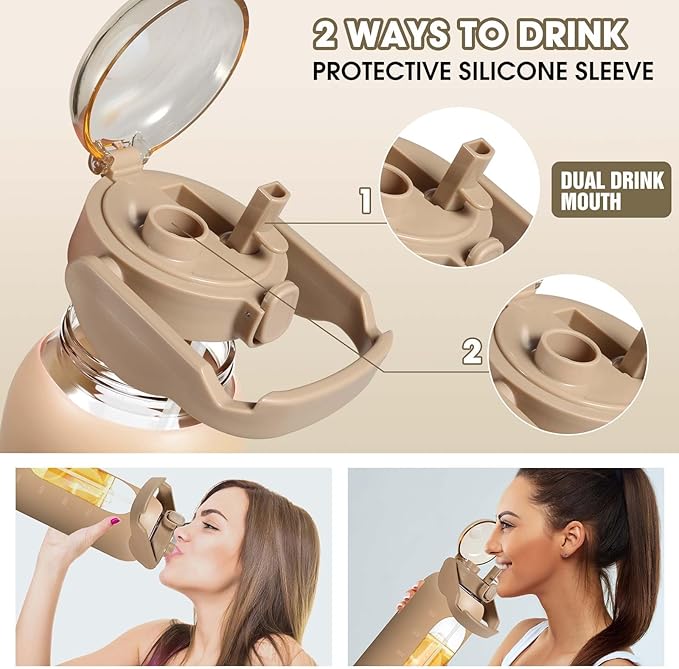 Glass Water Bottles 64 oz - Large Half Gallon Motivational Water Bottle with Time Marker Straw Phone Holder Handle, 64oz Daily Water Intake Jug with Silicone Sleeve for Office Work Gym Sandy Beige