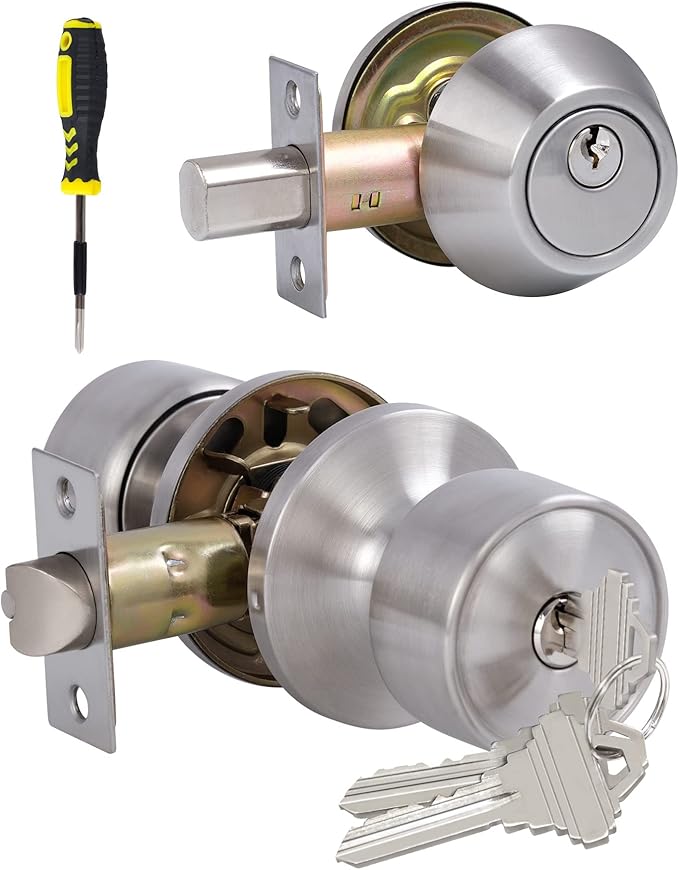 Lanwandeng Keyed Alike Entry Door Knobs and Single Cylinder Deadbolt Lock Combo Set Security for Entrance and Front Door, All Keyed Same Door Lock with Classic Satin Nickel Finish