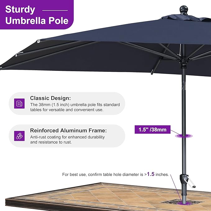 PURPLE LEAF 9' x 6' Rectangular Patio Umbrella Outdoor Table Umbrella Aluminum Frame Market Umbrella Sun Umbrella with 8 Sturdy Ribs Tilt for Garden Deck Lawn Pool Navy Blue