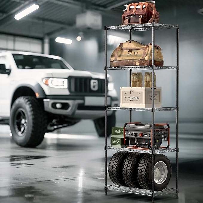 IZEUK 5-Tier Black Metal Storage Shelves, Adjustable Wire Shelving Unit for Kitchen, Bathroom, Pantry, Office, Garage, Organizer Wire Rack, 1250 lbs, 13.7" D x 23.6" W x 53.4" H