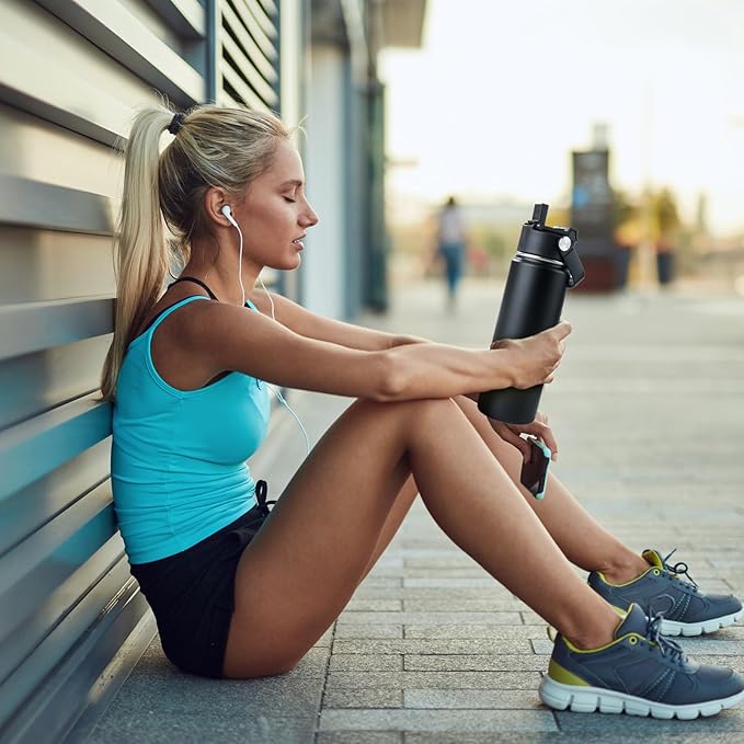 Kerilyn 24oz Stainless Steel Insulated Water Bottle, Double Wall Vacuum, Leak Proof with Silicone Straw, Wide Mouth, BPA Free, Copper Lined, Keep Cold 24h Hot 12h, Black