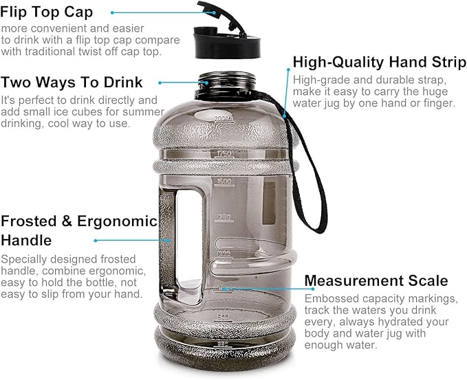 Water Jug 2.2L Large Sport Water Bottle Big Capacity Leakproof Container BPA Free Plastic with Carrying Loop Fitness for Camping Training Bicycle Hiking Gym Outdoor (Black)