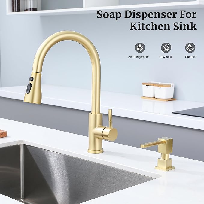 Sink Soap Dispenser for Kitchen Sink (Brushed Gold), All Brass Built-in and Refill from Top Design,Metal Hand Soap & Dish Soap Copper Pump