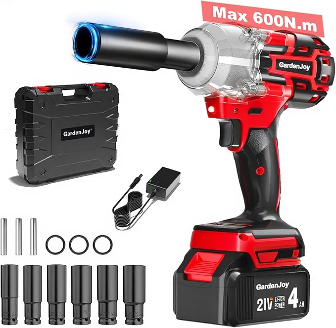 Cordless Impact Wrench 1/2 Inch, 21V Max Brushless, 450 Ft-lbs (600N.m) Max Torque, 3-Speed, w/ 4.0Ah Battery & Quick Charger, 6Pcs Impact Sockets - for Automotive Repair, Tire Changing, Home DIY