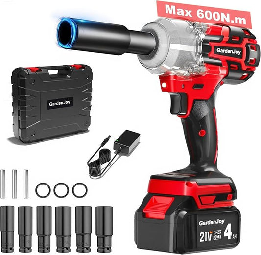 Cordless Impact Wrench 1/2 Inch, 21V Max Brushless, 450 Ft-lbs (600N.m) Max Torque, 3-Speed, w/ 4.0Ah Battery & Quick Charger, 6Pcs Impact Sockets - for Automotive Repair, Tire Changing, Home DIY