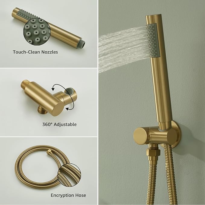 Iriber Brushed Gold Shower System Wall Mounted Shower Faucet Mixer Set with 12 Inches Rain Shower head and Handheld, Bathroom Modern Rainfall Shower Trim Kit (Contain Valve Cartridge)