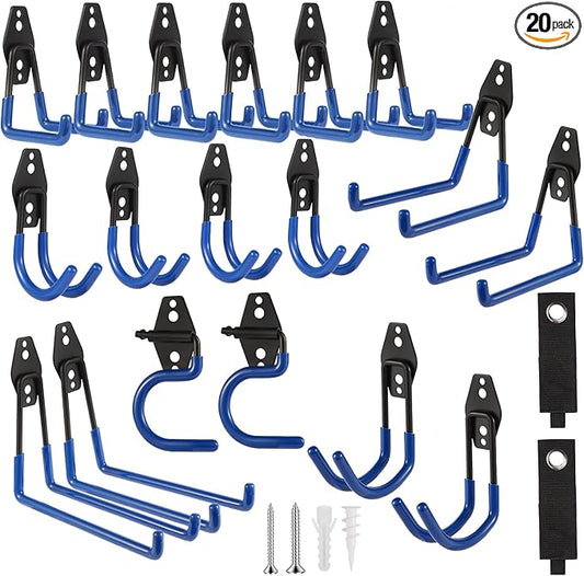 Garage Hook Heavy Duty Wall Storage Hangers, 20 Pack Garage Storage Hooks Steel Tool Blue for Ladders, Ropes, Garden Tools
