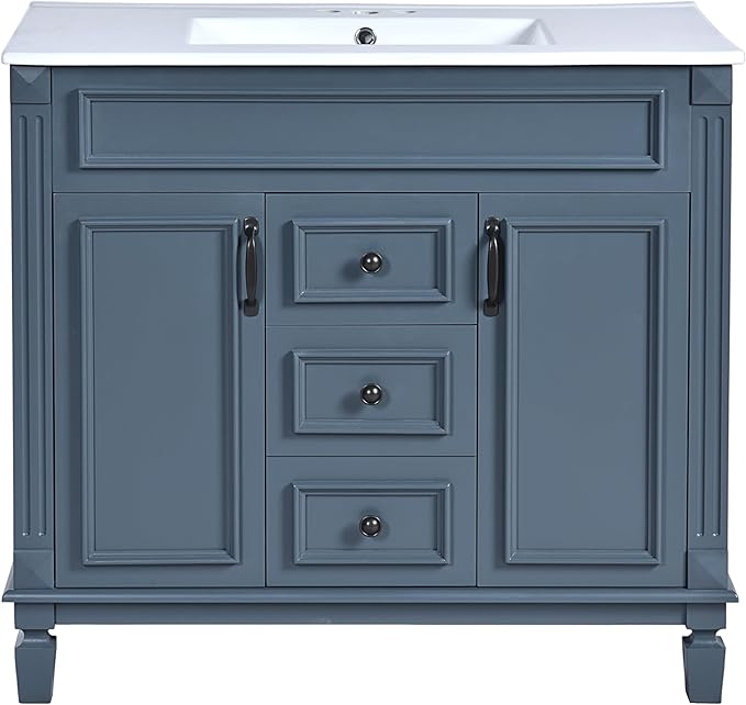 Merax 36” Bathroom Vanity with Sink, Freestanding Single Bathroom Sink Vanity Cabinet Set with 36” Countertop & Integrated Sink, 2 Doors & 2 Drawers (Sink Cabinet Only, Blue)