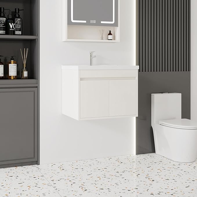 24'' Bathroom Vanity with Ceramic Sink Combo, Wall Mounted Small Bathroom Vanity with Soft-Close Door Modern Floating Cabinet, Pop-up Drain, P-Trap Included, Khaki(No Faucet)