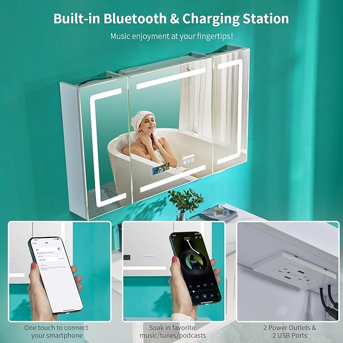 VINGLI LED Lighted Medicine Cabinet with Intelligent Mirror, Bluetooth Speaker, Weather & Temp Display, Anti-Fog, Built-in Outlet & USB, Large 3-Door Bathroom Mirror Cabinet,48 Inch, Need Assembly