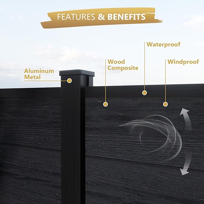 6 Feet×6 Feet Privacy Fence, Outdoor Wood Plastic Composite Fence Panel, Waterproof Security Barriers Fencing (Black with One 7.6FT Post)