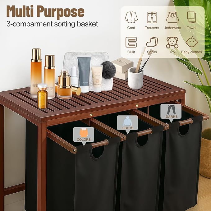 Bamboo Laundry Hamper 3 Section with Lid, 150 L Laundry Sorter with Pull-Out Removable Washable Bags, 3 × 12.5 Gal Divided Laundry Baskets for Laundry Room, Bathroom (Black)