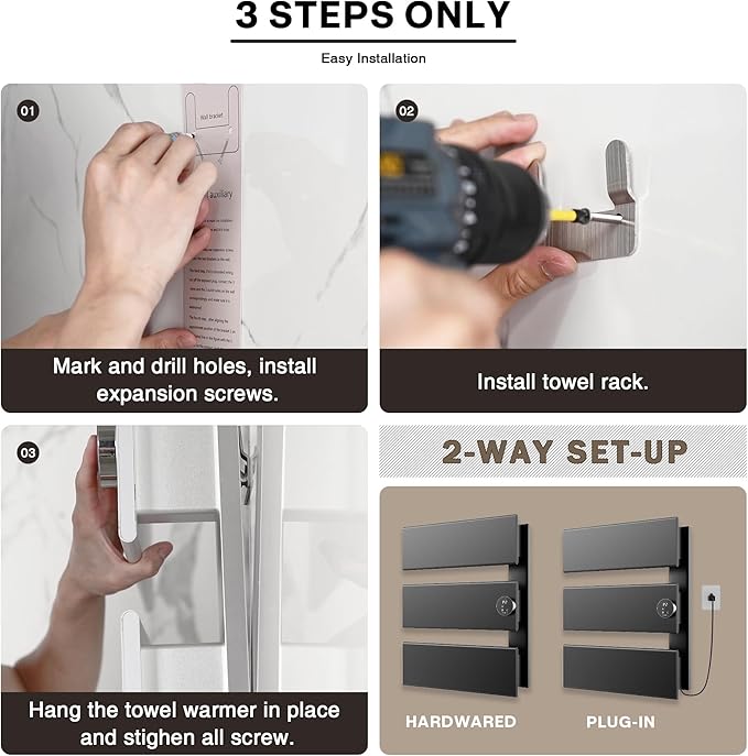 K&KALONZO Electric Towel Warmer, 18.35" W x 22.8" H Wall-Mounted Towel Heater with Built-in Timer, Waterproof Aluminum Towel Warmer for Bathroom, Support Plug-in and Hardwired, Black, K3-R-B