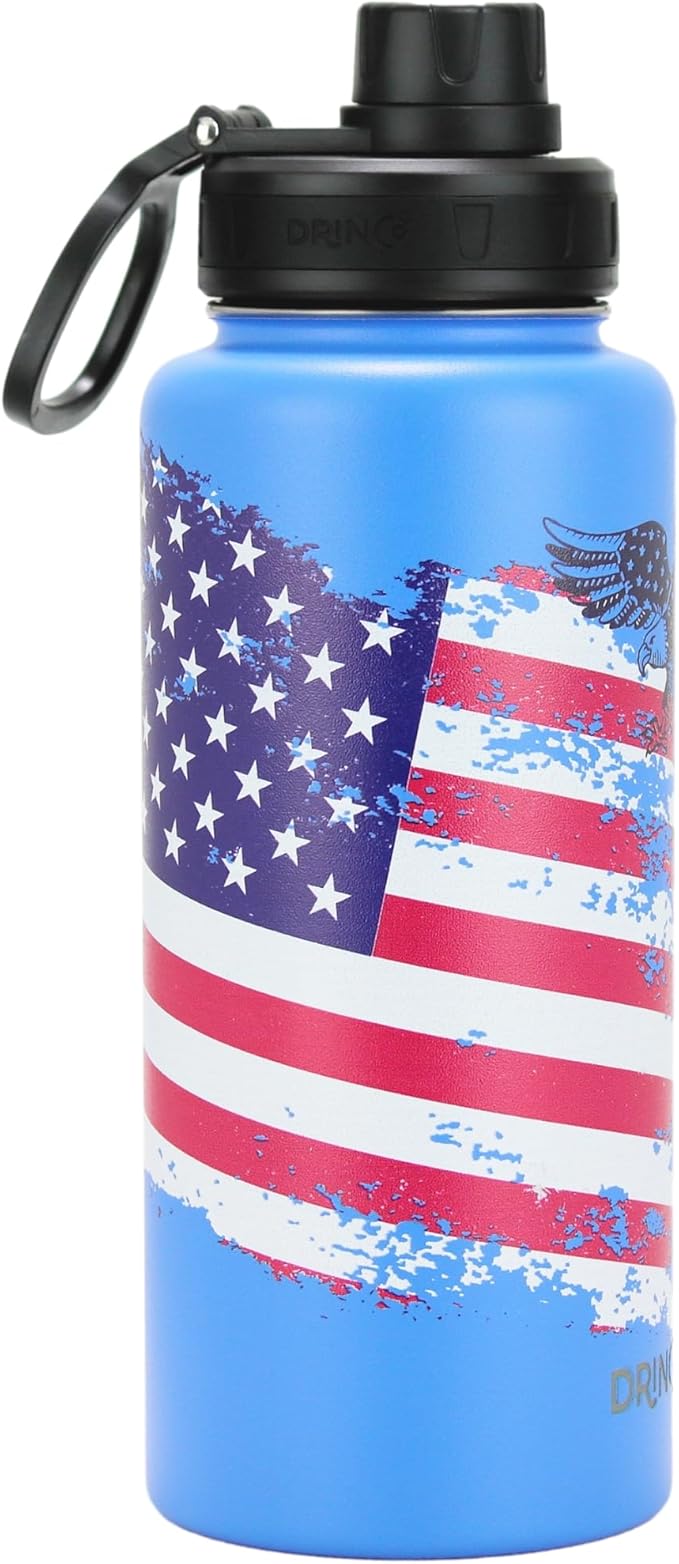 DRINCO Stainless Steel Water Bottle Spout Lid Vacuum Insulated Double Wall Water Bottle USA Flag Military Veteran (32oz US Flag Color Royal Blue, 32oz)