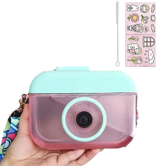 Camera Bottle Travel Cup with Straw Birthday Party Gift Ice Drinking Water Bottle Mug with Strap Picnic (camera pink, 400 ml)