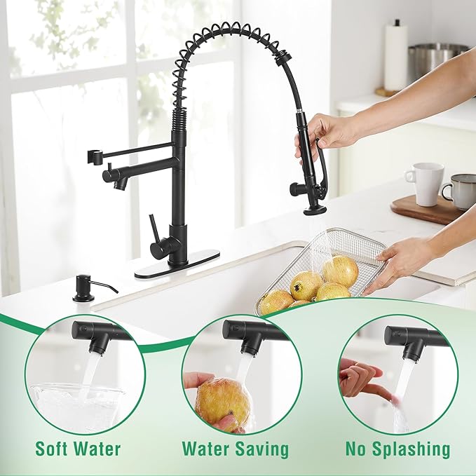 Fapully Commercial Pull Down Kitchen Sink Faucet with Sprayer Matte Black Single Handle Faucets for Kitchen Sink, Kitchen Faucet with Soap Dispenser and Deck Plack for 4 Hole