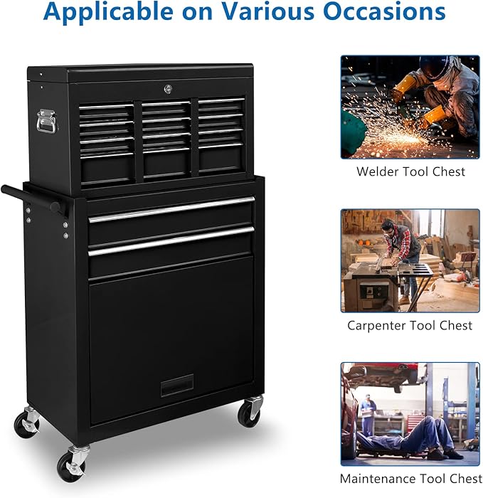 TUFFIOM 8-Drawer Rolling Tool Chest, Tool Storage Cabinet w/Lockable Wheels, Detachable Top, Drawers & Side Hooks, Mechanic Tool Organizer Box for Garage Warehouse Repair Shop